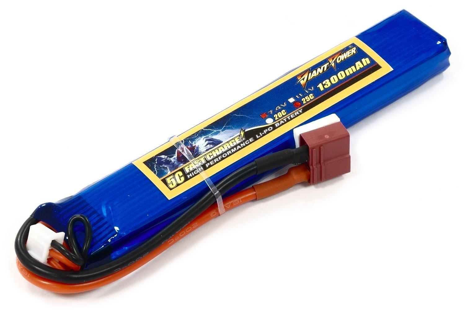 Акумулятор для страйкболу Giant Power (Dinogy) Li-Pol 1300 мАч 7.4 В 130x21x12,5 мм T-Plug 25C DAS-2S5520120C-T