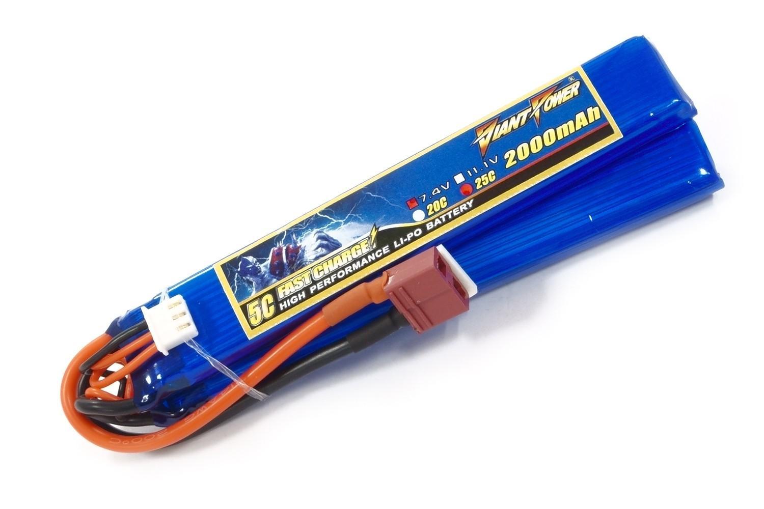 Акумулятор для страйкболу Giant Power (Dinogy) Li-Pol 2000 мАч 7.4 В 126x21x10,5 мм T-Plug 25C DAS-2S9020120C-2W-T