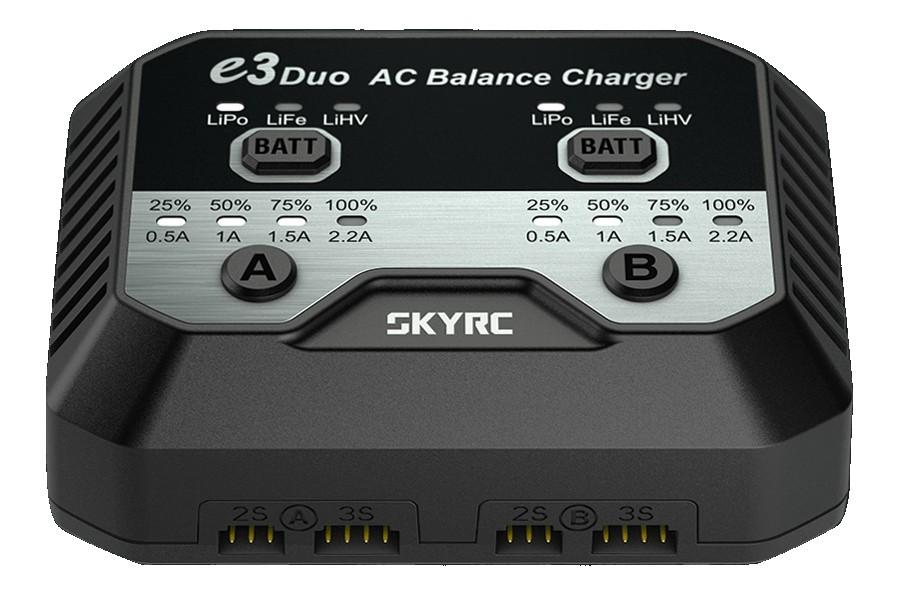 Зарядний пристрій дуо SkyRC e3 duo 20Wx2 2.2A з/БП для Li-Pol/Li-Fe/Li-HV 2-3S акумуляторів (SK-100164) SK-100164