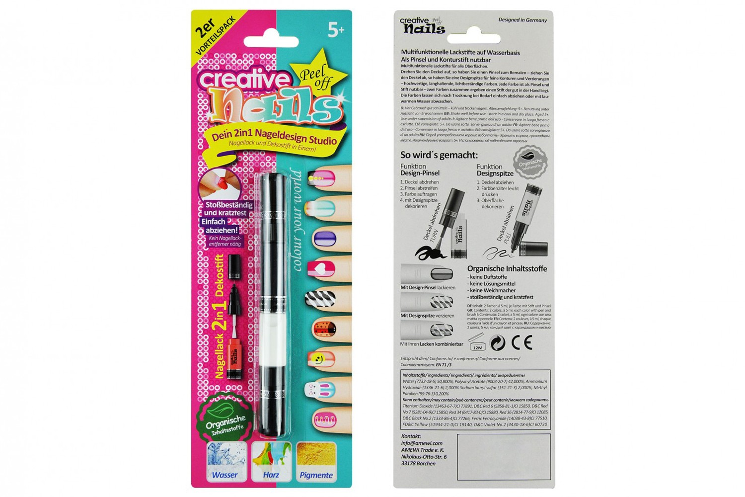 Дитячий лак-олівець для нігтів Malinos Creative Nails на водній основі (2 кольори чорний + білий) MA-303000