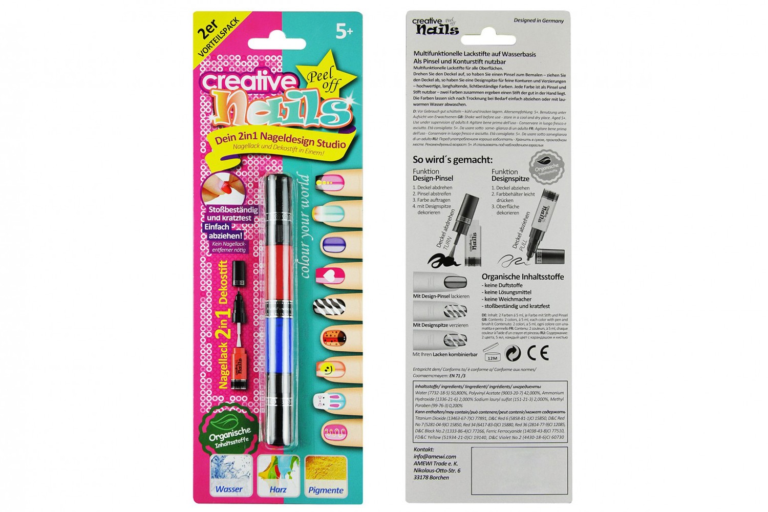 Дитячий лак-олівець для нігтів Malinos Creative Nails на водній основі (2 кольори малиновий + синій) MA-303003