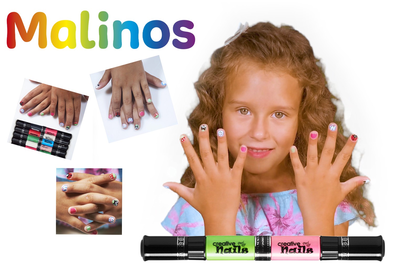 Дитячий лак-олівець для нігтів Malinos Creative Nails на водній основі (2 кольори Морської хвилі + Рожевий) MA-303021+303023